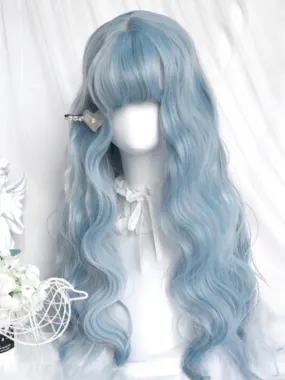 Light Blue Under Bust Length Wavy Wig With Full Bangs