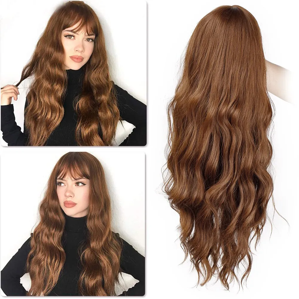 Long Brown Ombre Synthetic Wigs  Natural Hair Heat Resistant African American Hair