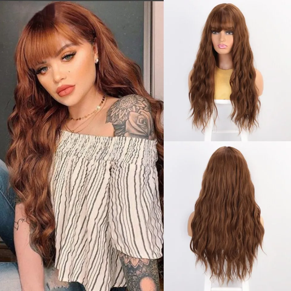 Long Brown Ombre Synthetic Wigs  Natural Hair Heat Resistant African American Hair