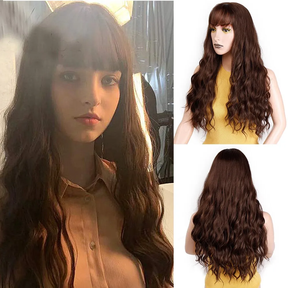 Long Brown Ombre Synthetic Wigs  Natural Hair Heat Resistant African American Hair