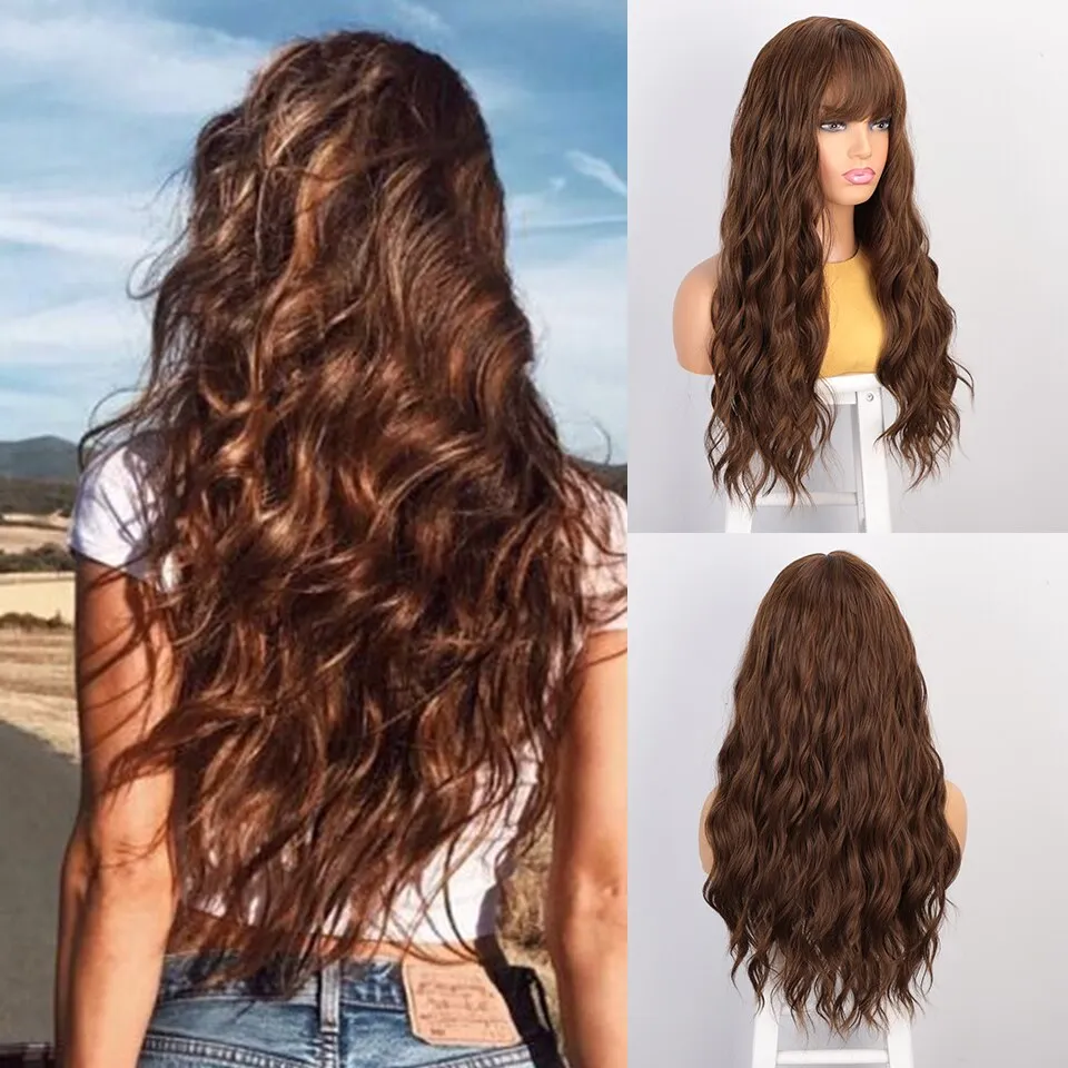 Long Brown Ombre Synthetic Wigs  Natural Hair Heat Resistant African American Hair