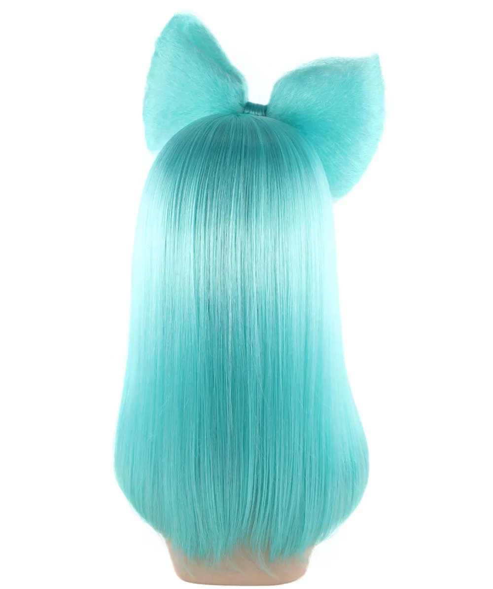 Long Butterfly Teal Color Wig Collection with Large Hair Bow, Premium Breathable Capless Cap Design