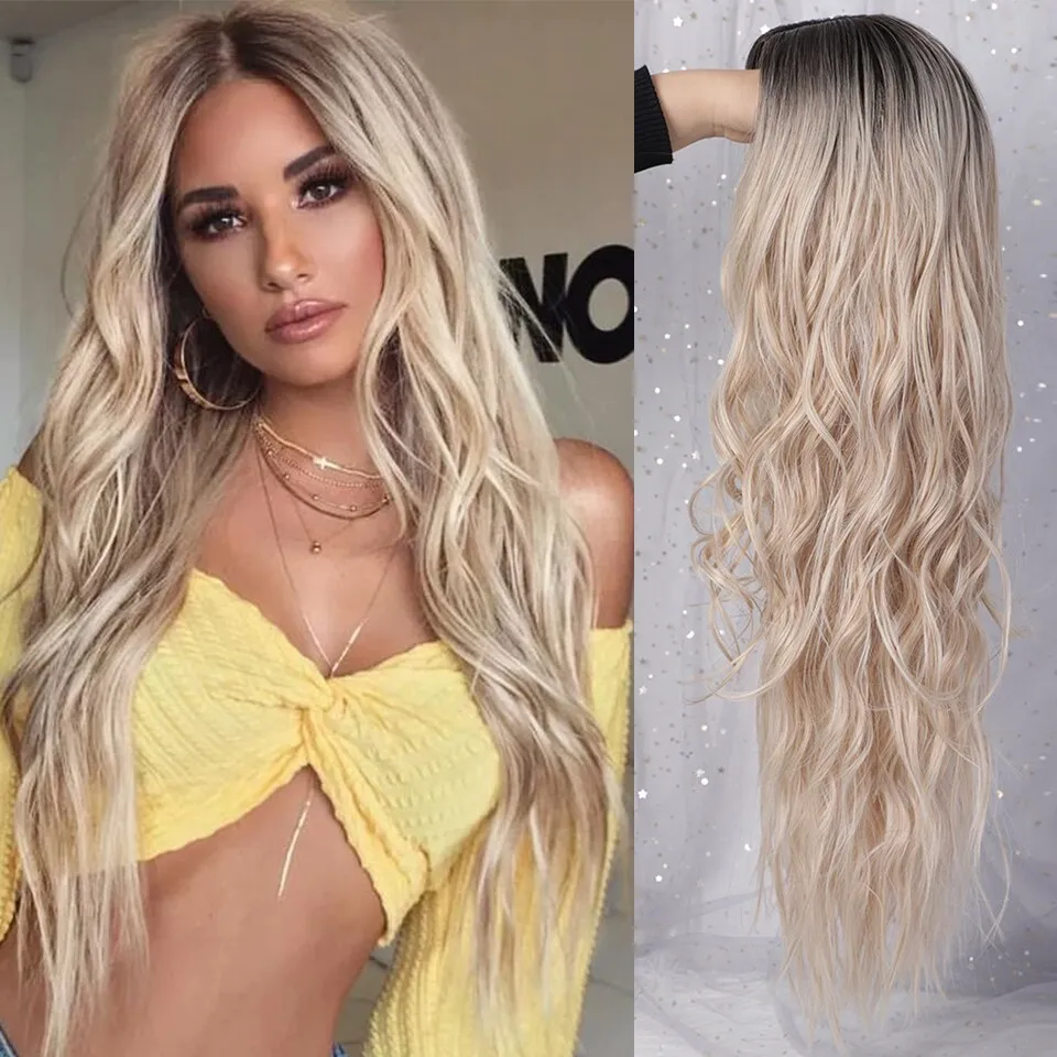 Long Wave Wigs Ombre Brown Mixed Blonde Synthetic Wig Middle Part Natural Heat Resistant Wig for Black Women