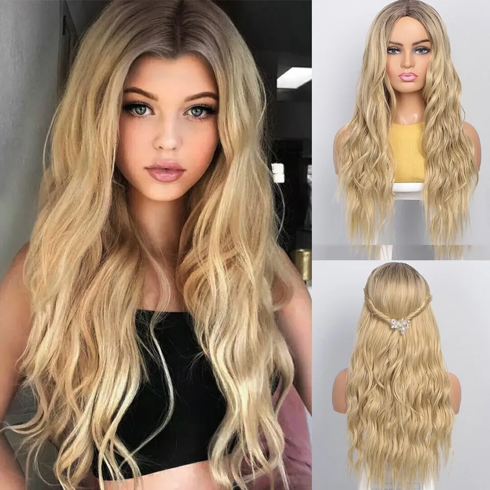 Long Wave Wigs Ombre Brown Mixed Blonde Synthetic Wig Middle Part Natural Heat Resistant Wig for Black Women