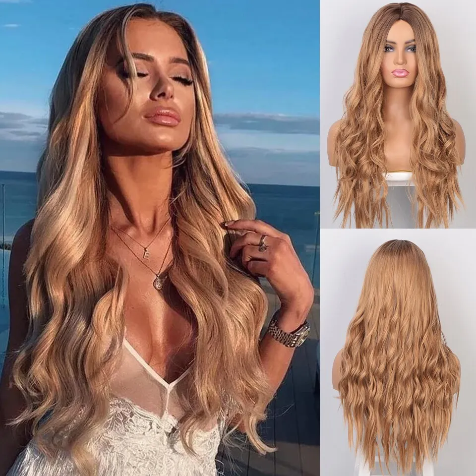 Long Wave Wigs Ombre Brown Mixed Blonde Synthetic Wig Middle Part Natural Heat Resistant Wig for Black Women