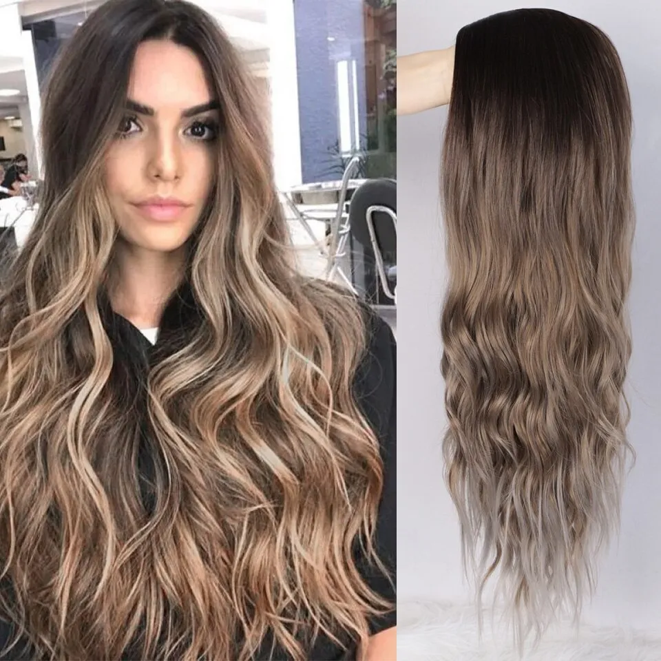 Long Wave Wigs Ombre Brown Mixed Blonde Synthetic Wig Middle Part Natural Heat Resistant Wig for Black Women
