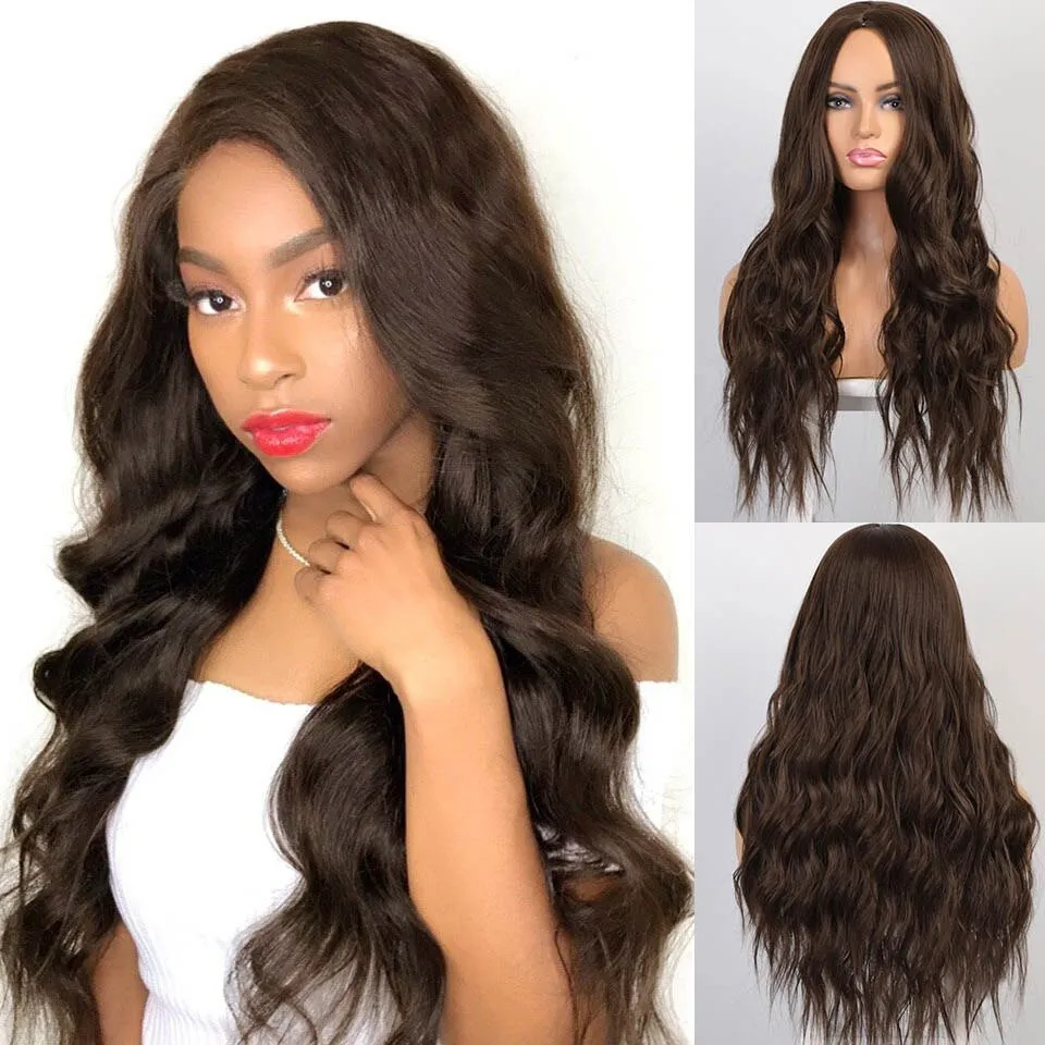 Long Wave Wigs Ombre Brown Mixed Blonde Synthetic Wig Middle Part Natural Heat Resistant Wig for Black Women