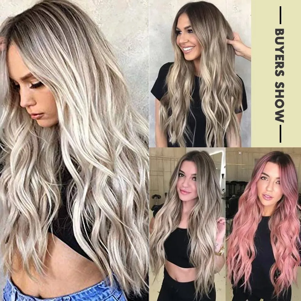 Long Wave Wigs Ombre Brown Mixed Blonde Synthetic Wig Middle Part Natural Heat Resistant Wig for Black Women