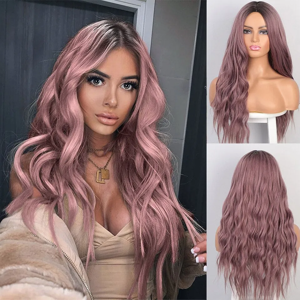 Long Wave Wigs Ombre Brown Mixed Blonde Synthetic Wig Middle Part Natural Heat Resistant Wig for Black Women