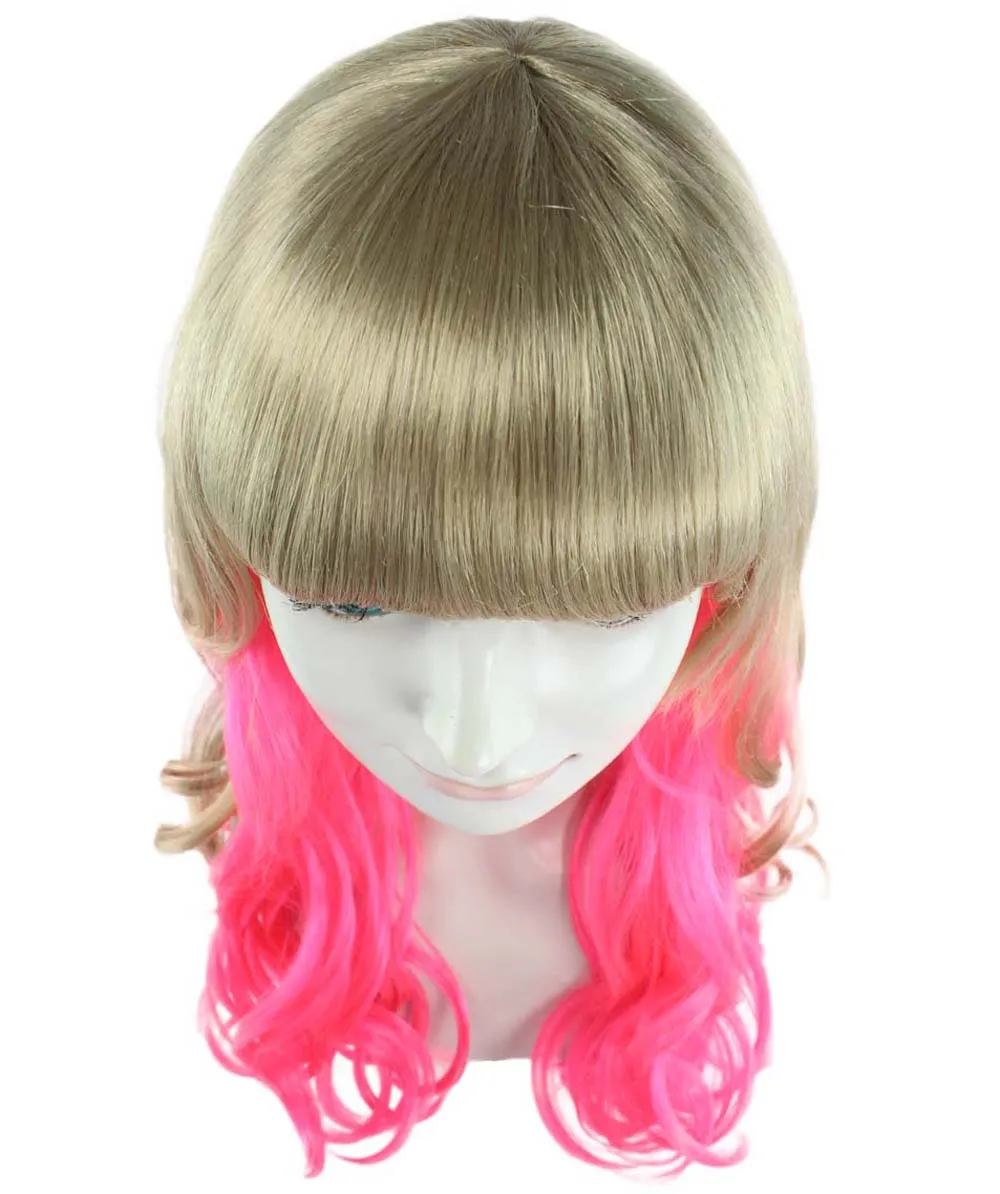 Long Wavy Blonde & Pink Womens Wig | Fancy Party Event Ready Halloween Wig | Premium Breathable Capless Cap