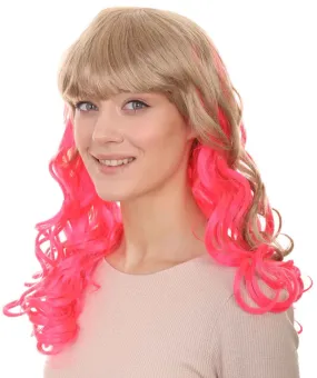 Long Wavy Blonde & Pink Womens Wig | Fancy Party Event Ready Halloween Wig | Premium Breathable Capless Cap