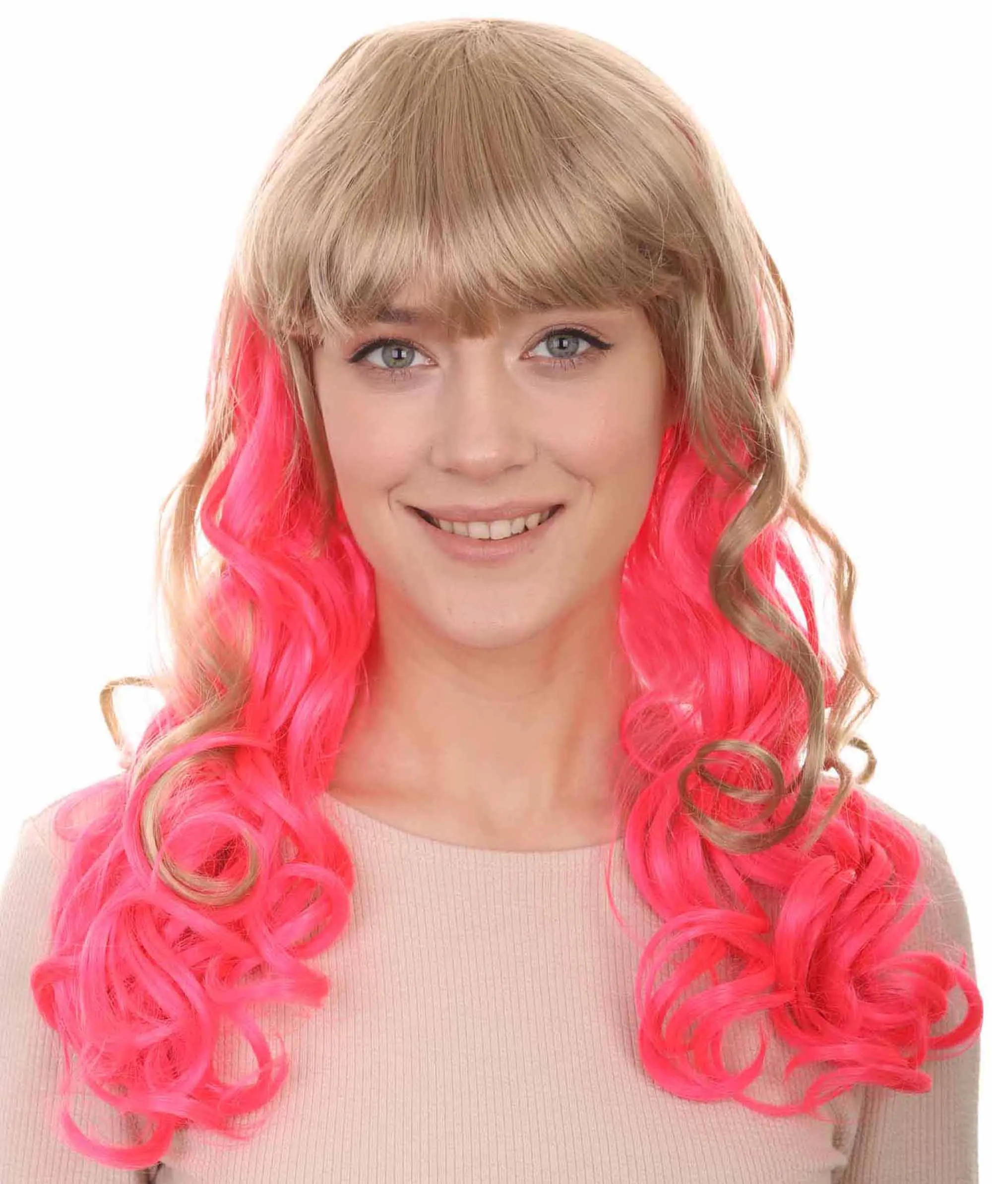 Long Wavy Blonde & Pink Womens Wig | Fancy Party Event Ready Halloween Wig | Premium Breathable Capless Cap