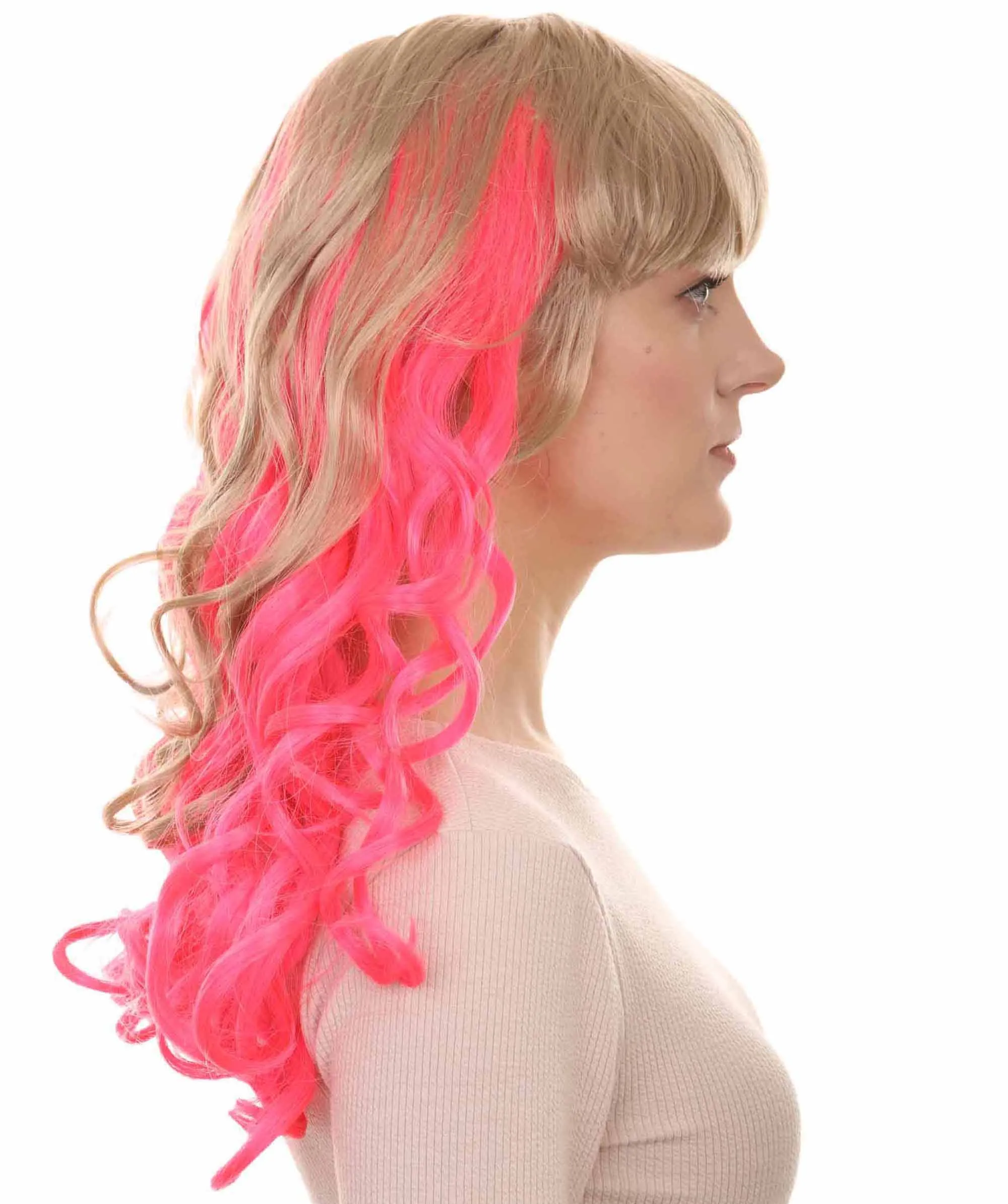 Long Wavy Blonde & Pink Womens Wig | Fancy Party Event Ready Halloween Wig | Premium Breathable Capless Cap