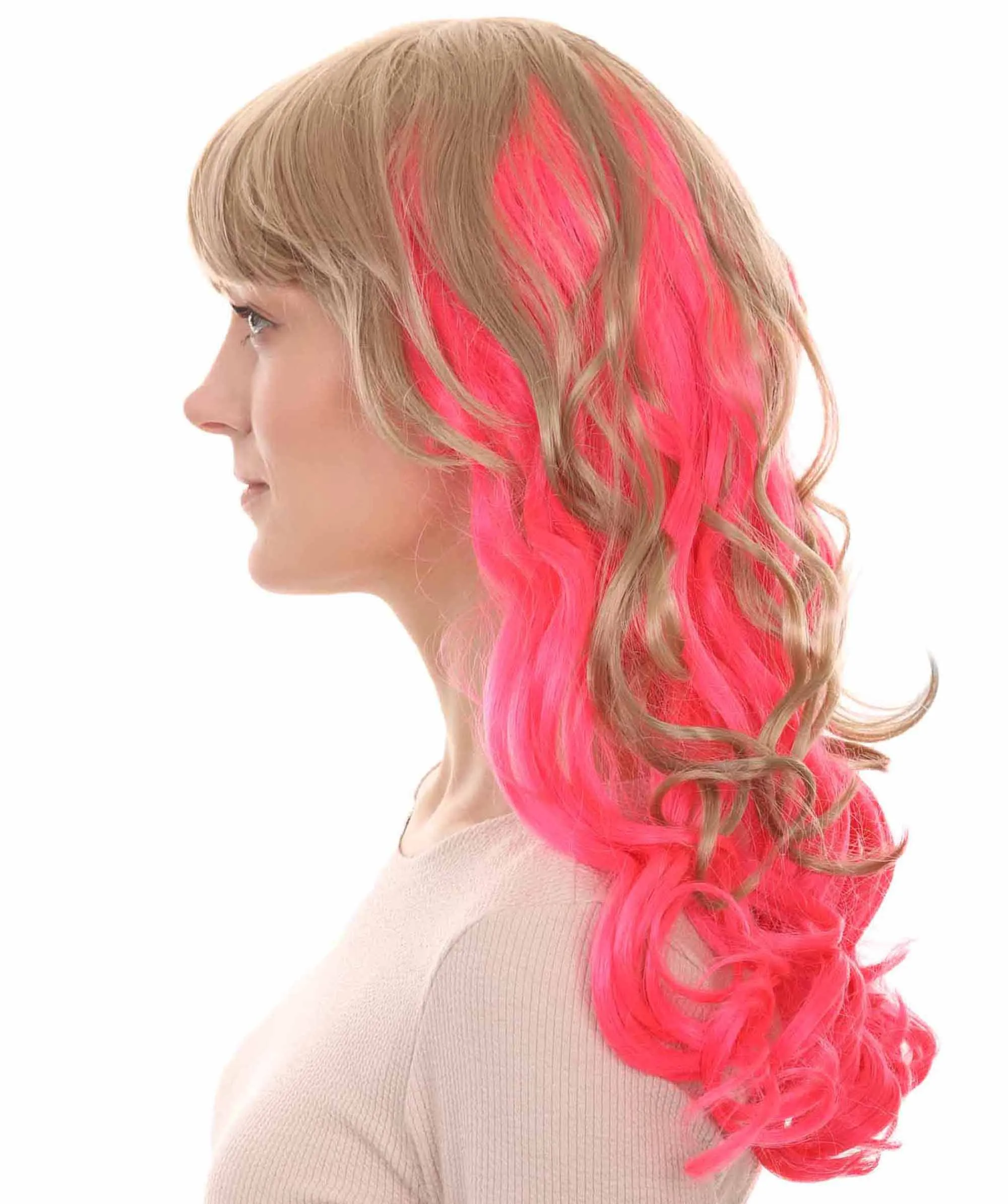 Long Wavy Blonde & Pink Womens Wig | Fancy Party Event Ready Halloween Wig | Premium Breathable Capless Cap