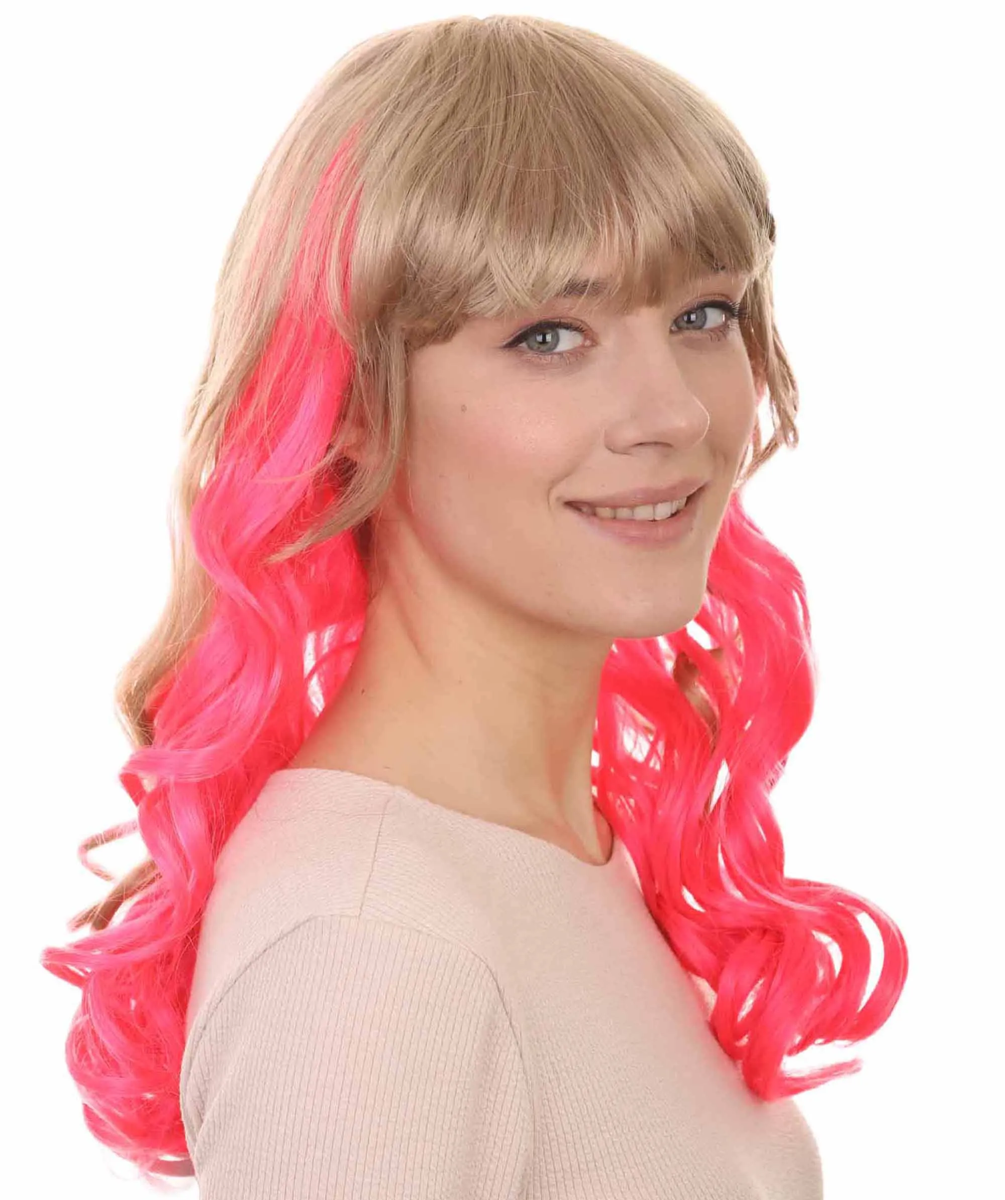 Long Wavy Blonde & Pink Womens Wig | Fancy Party Event Ready Halloween Wig | Premium Breathable Capless Cap