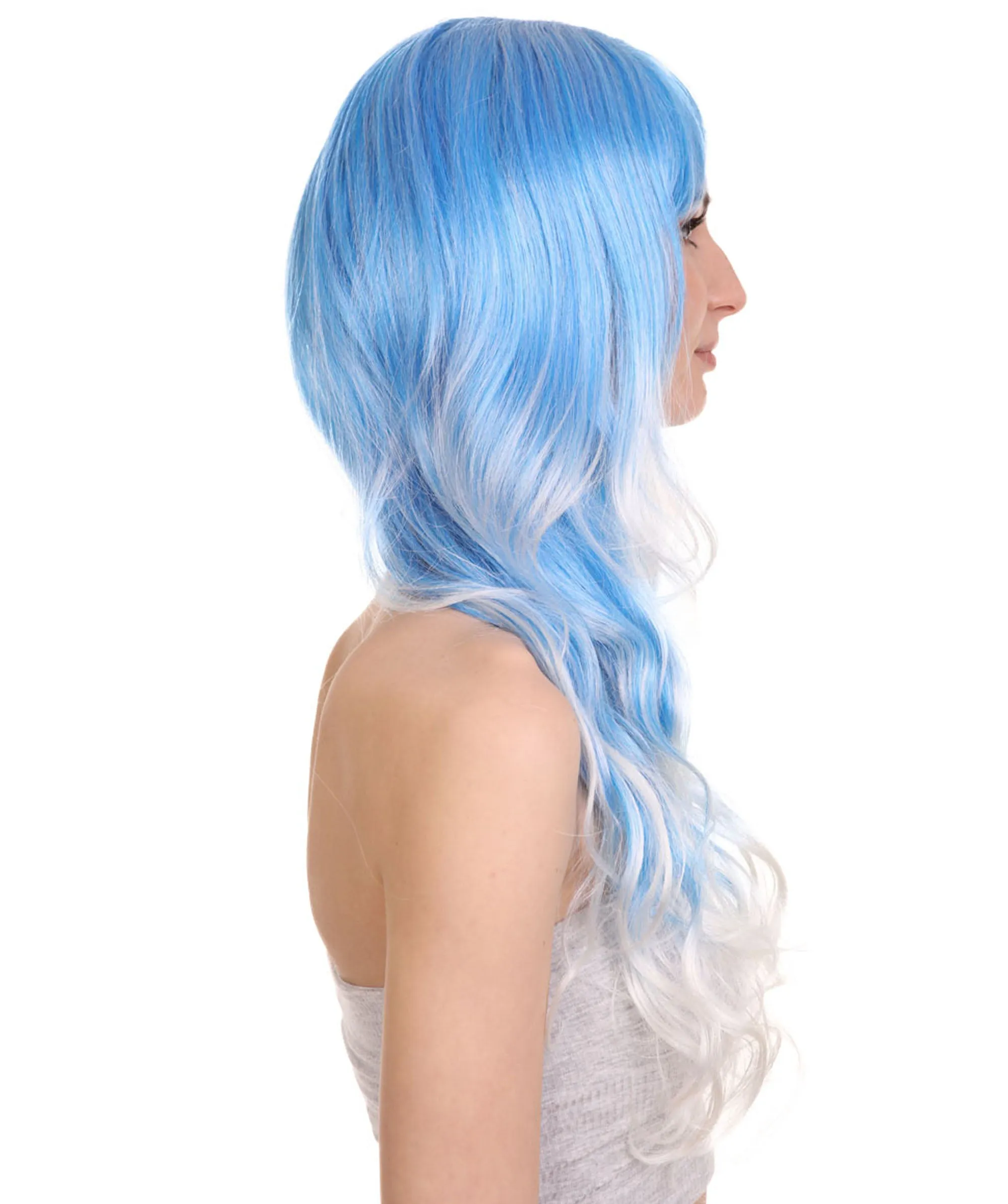 Long Wavy Blue and White Ombre Womens Wig | Fancy Party Event Ready Halloween Wig | Premium Breathable Capless Cap