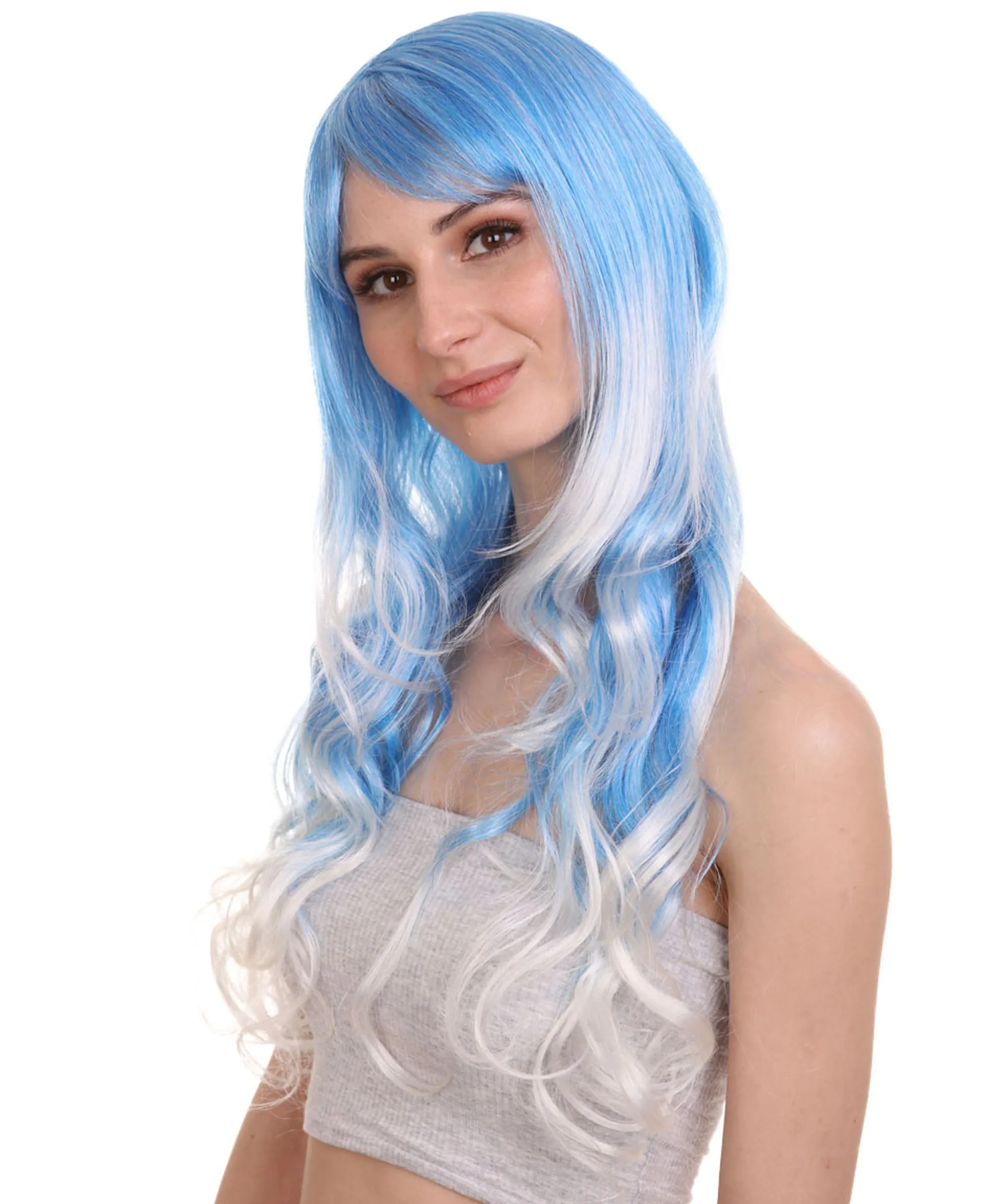 Long Wavy Blue and White Ombre Womens Wig | Fancy Party Event Ready Halloween Wig | Premium Breathable Capless Cap