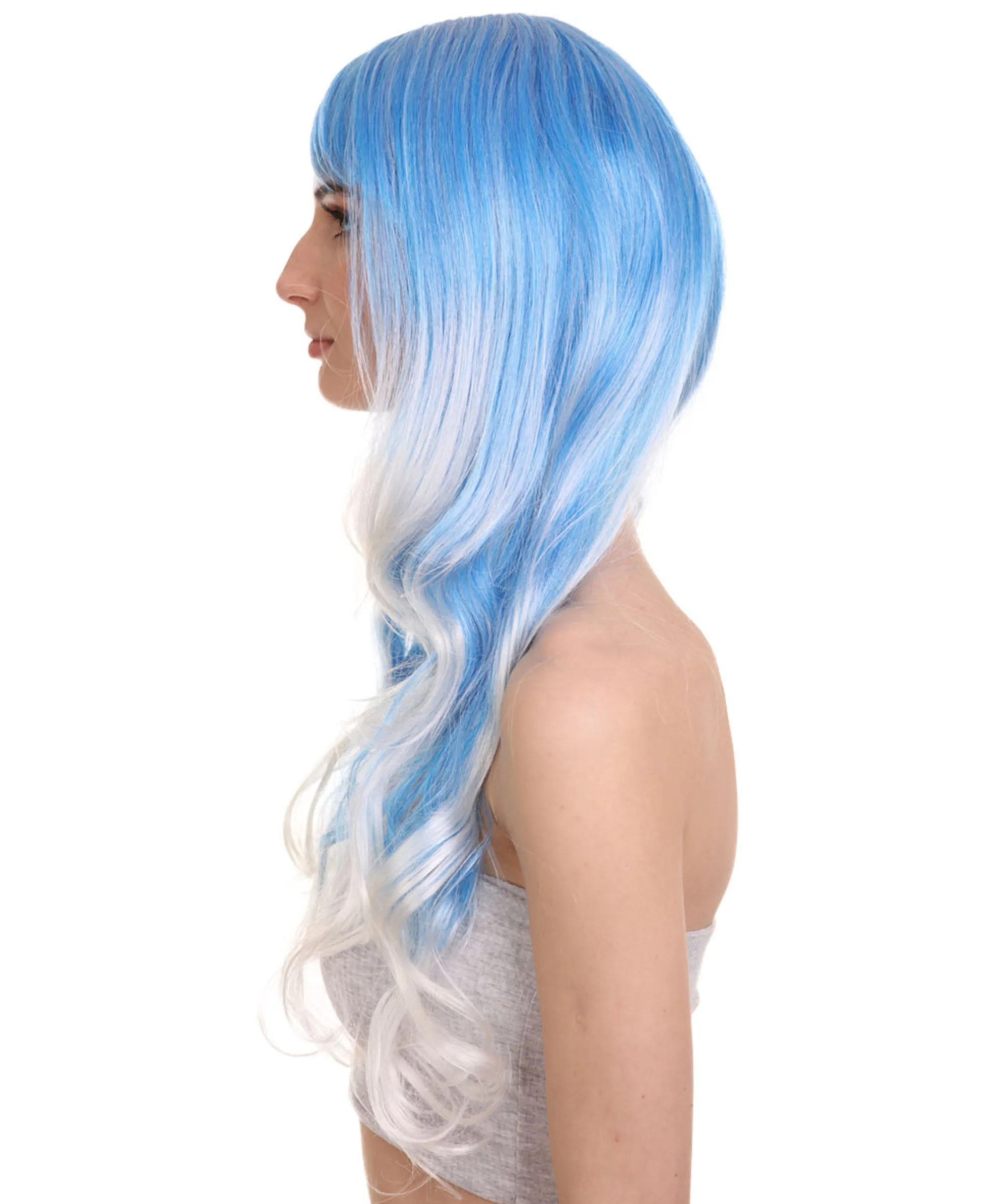 Long Wavy Blue and White Ombre Womens Wig | Fancy Party Event Ready Halloween Wig | Premium Breathable Capless Cap
