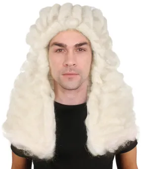 Men Colonial Judge Wavy curly Long White Wig | Premium Breathable Capless Cap