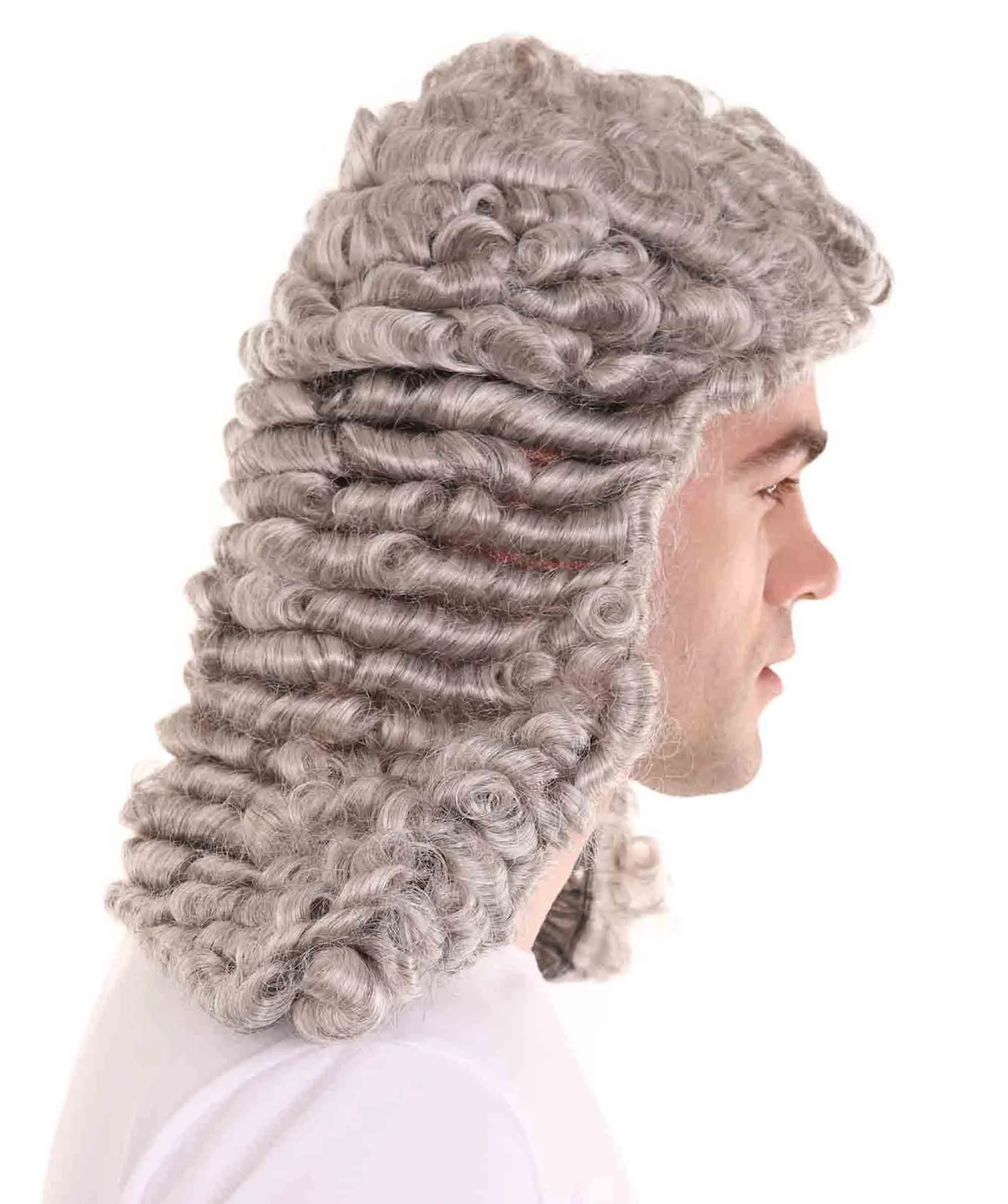 Mens Colonial Curly Grey Historical Judge Wig | Premium Breathable Capless Cap