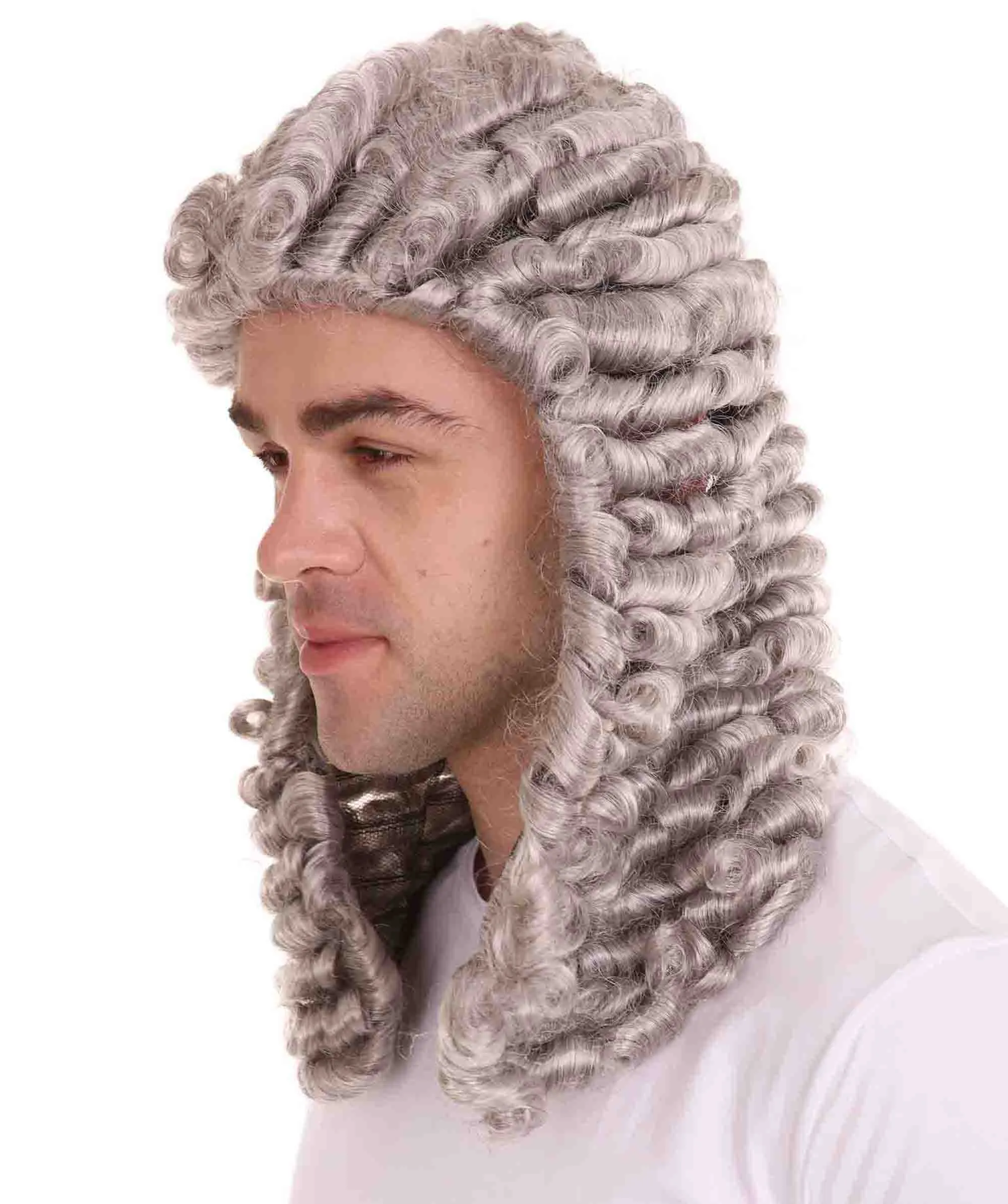 Mens Colonial Curly Grey Historical Judge Wig | Premium Breathable Capless Cap
