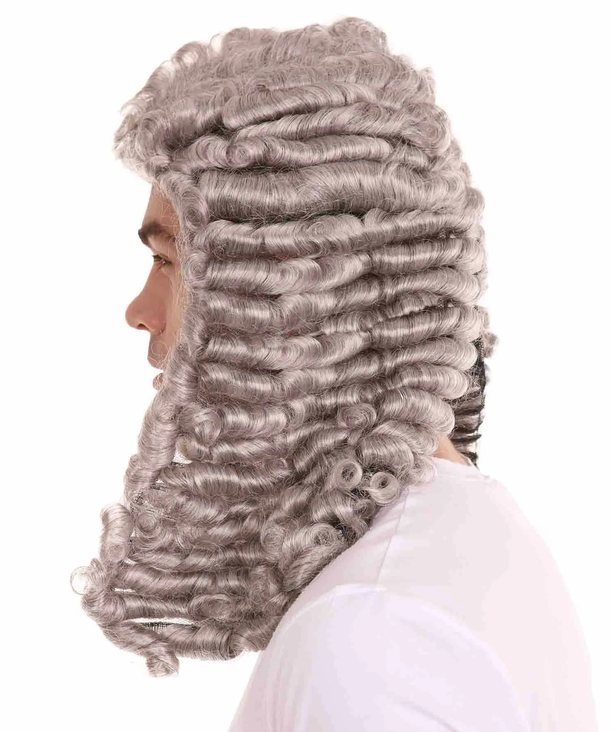 Mens Colonial Curly Grey Historical Judge Wig | Premium Breathable Capless Cap