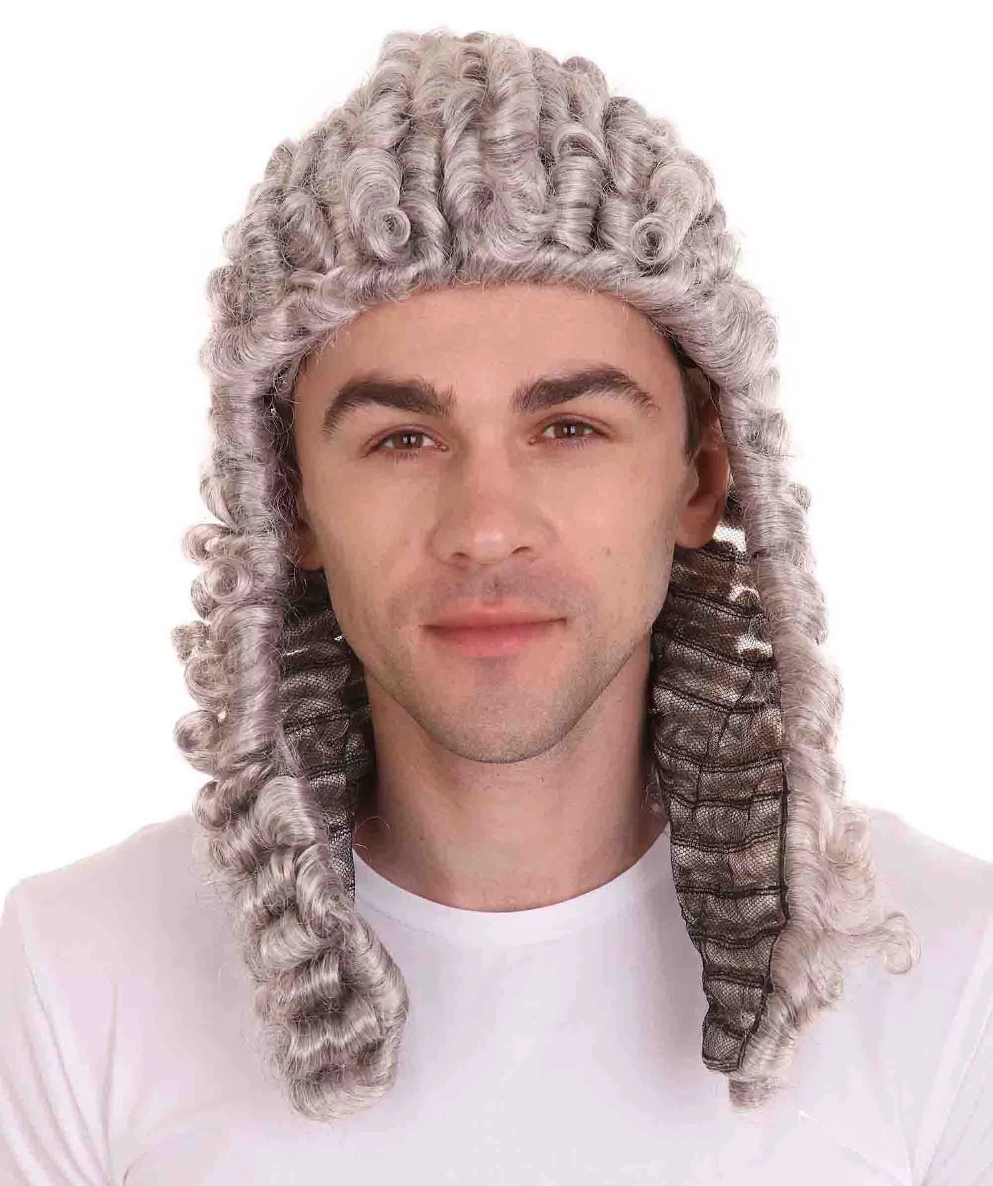 Mens Colonial Curly Grey Historical Judge Wig | Premium Breathable Capless Cap