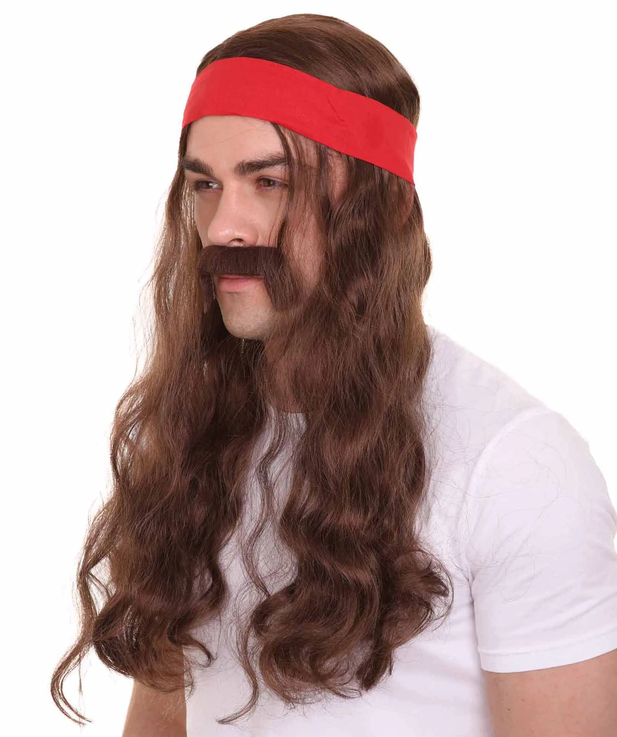 Mens Pirate Wig and Moustache | Brown Long Wig | Premium Breathable Capless Cap