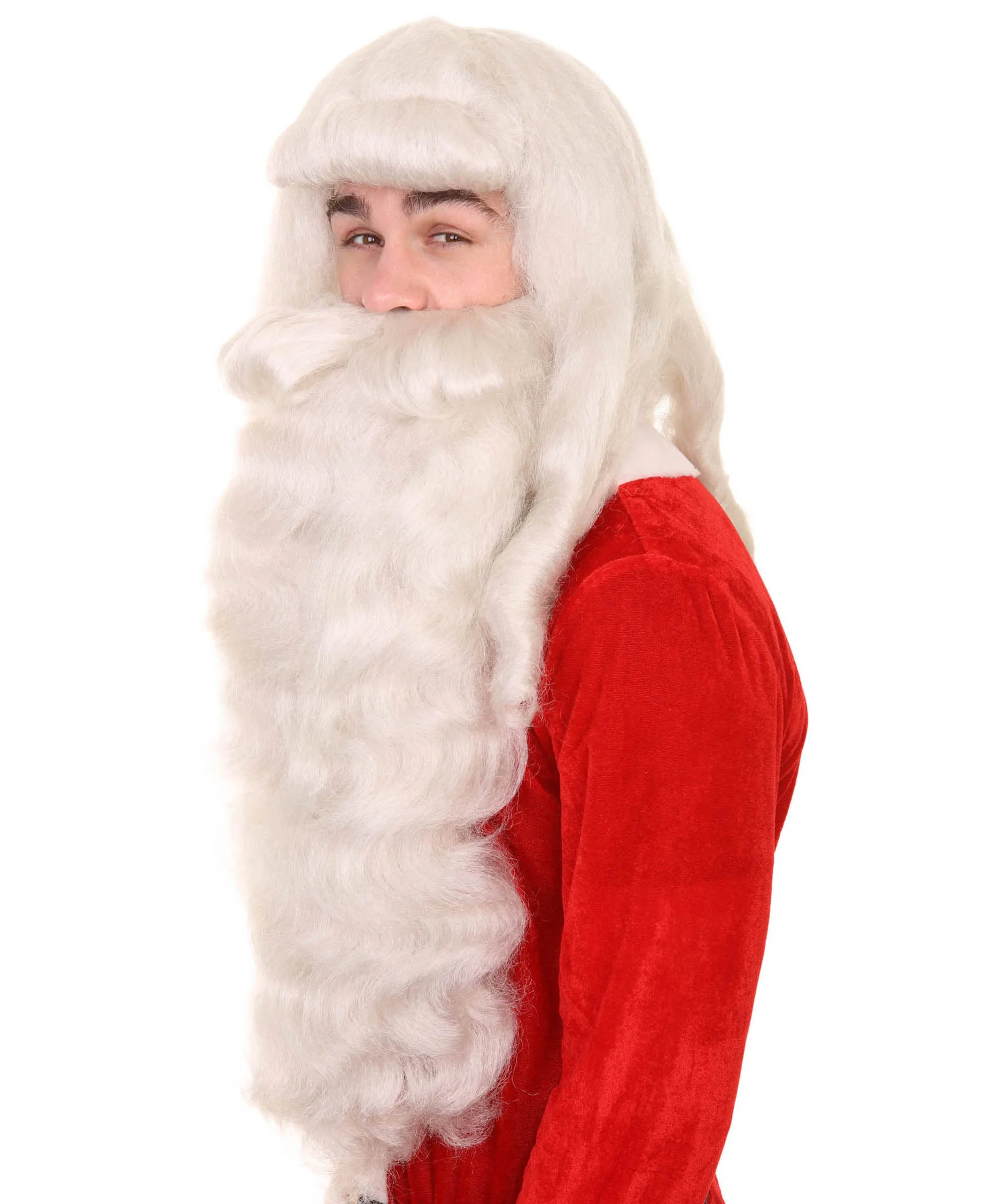 Men's Santa Claus Long Wig and Beard Set | White Merry Christmas Costume | Premium Breathable Capless Cap