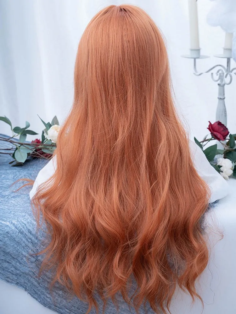 Orange Long Wavy Synthetic Wig With Curtain Bangs