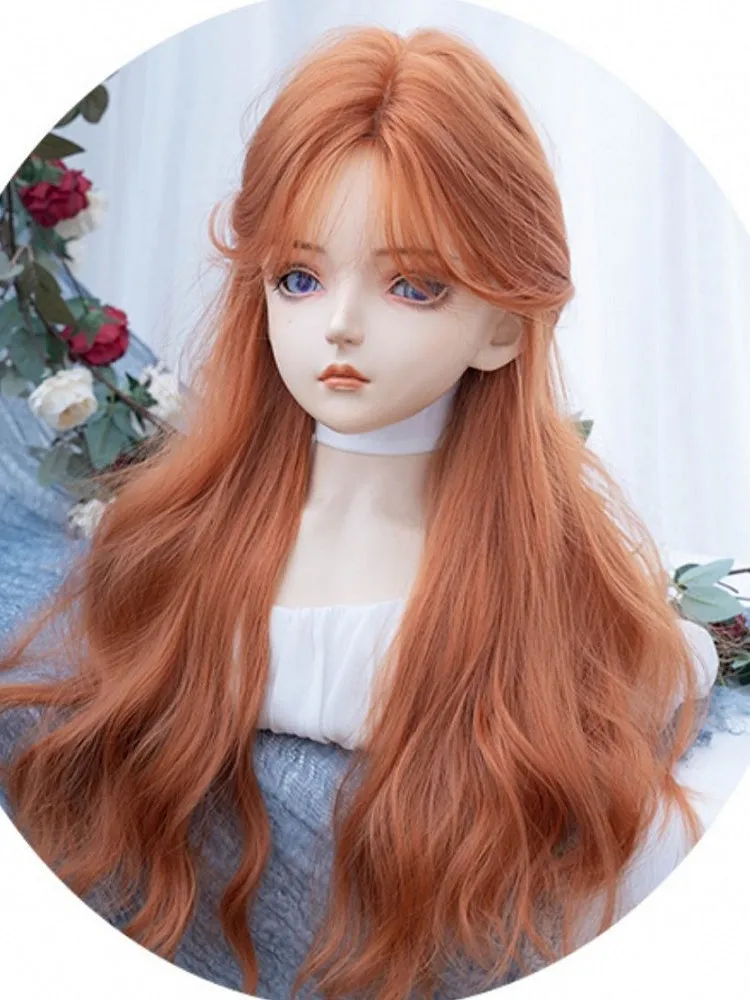 Orange Long Wavy Synthetic Wig With Curtain Bangs
