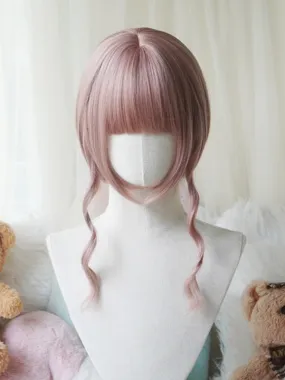Pink Bob Cut Straight Wig With Bangs＋Double Long/Short Ponytail Claw Clips