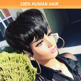 Pixie Cut Wig For Women Human Hair 1B Short Wigs For Women Pixie Haircut Bob Wig Human Hair Glueless Hair Replacement Wig Brazilian Human Hair Nature Black Short Haircut Wig With Bangs Full Machine Made None Lace Front Wig
