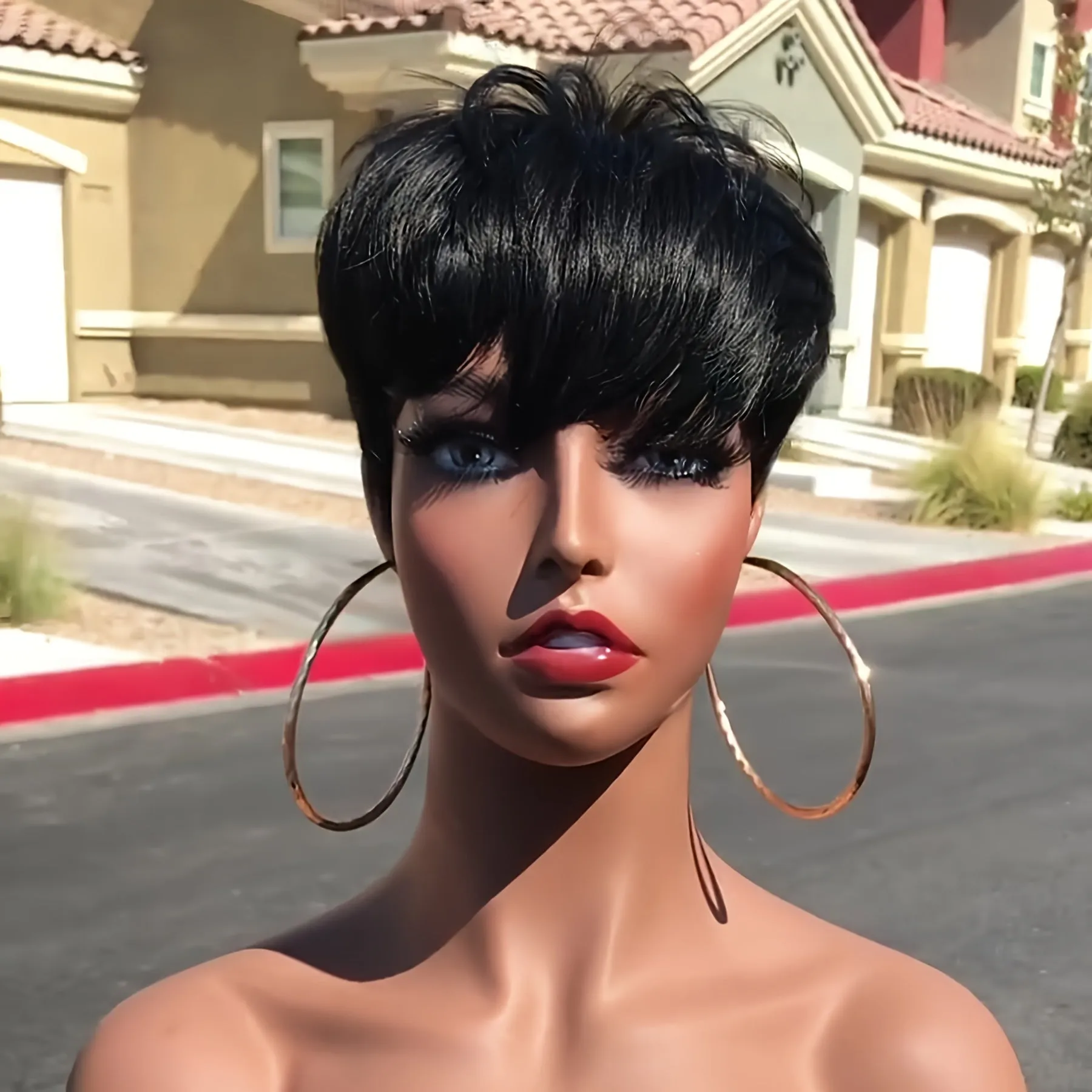 Pixie Cut Wig For Women Human Hair 1B Short Wigs For Women Pixie Haircut Bob Wig Human Hair Glueless Hair Replacement Wig Brazilian Human Hair Nature Black Short Haircut Wig With Bangs Full Machine Made None Lace Front Wig