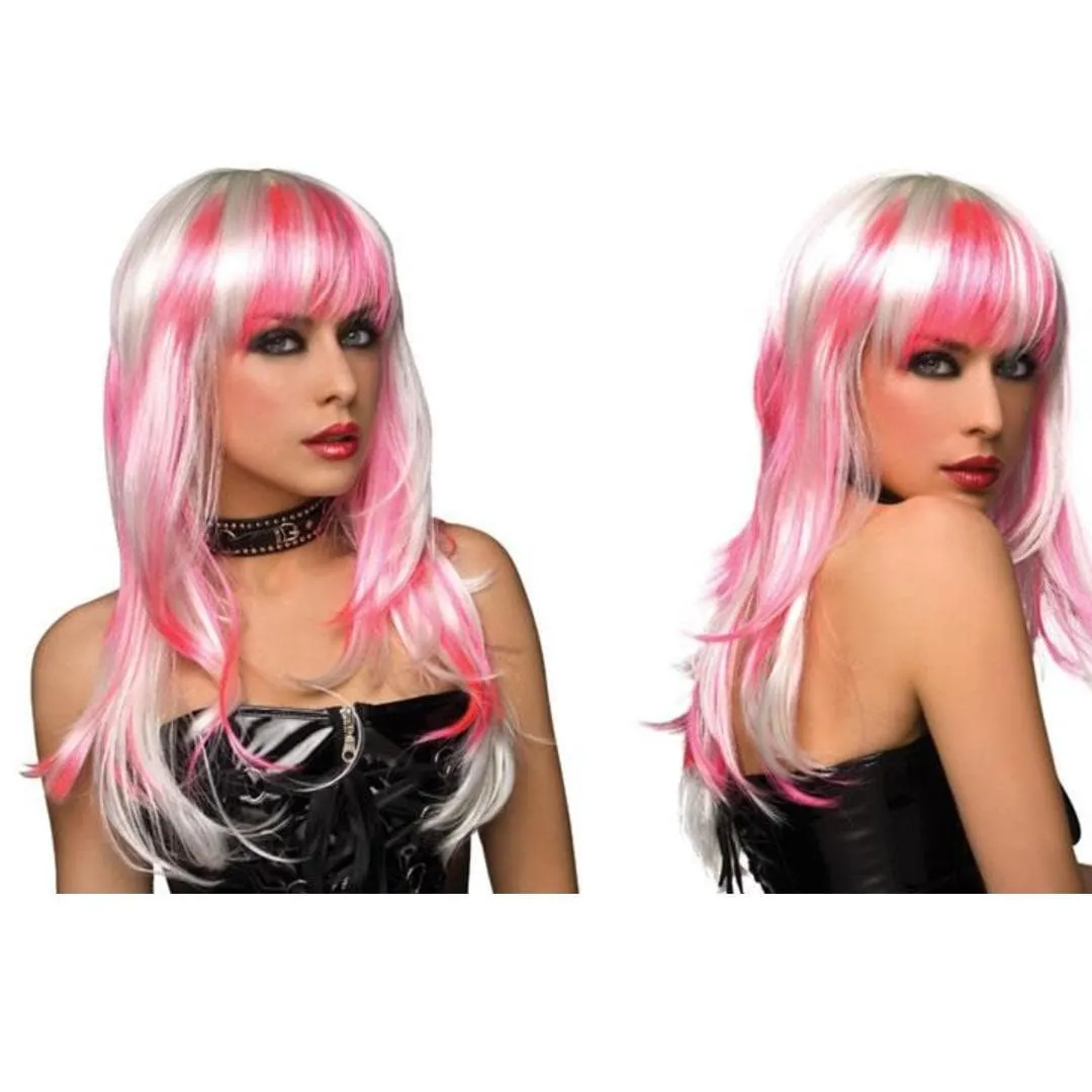 Pleasure Wigs Courtney Long Hair with Curls at the End Banged Wig White/Hot Pink