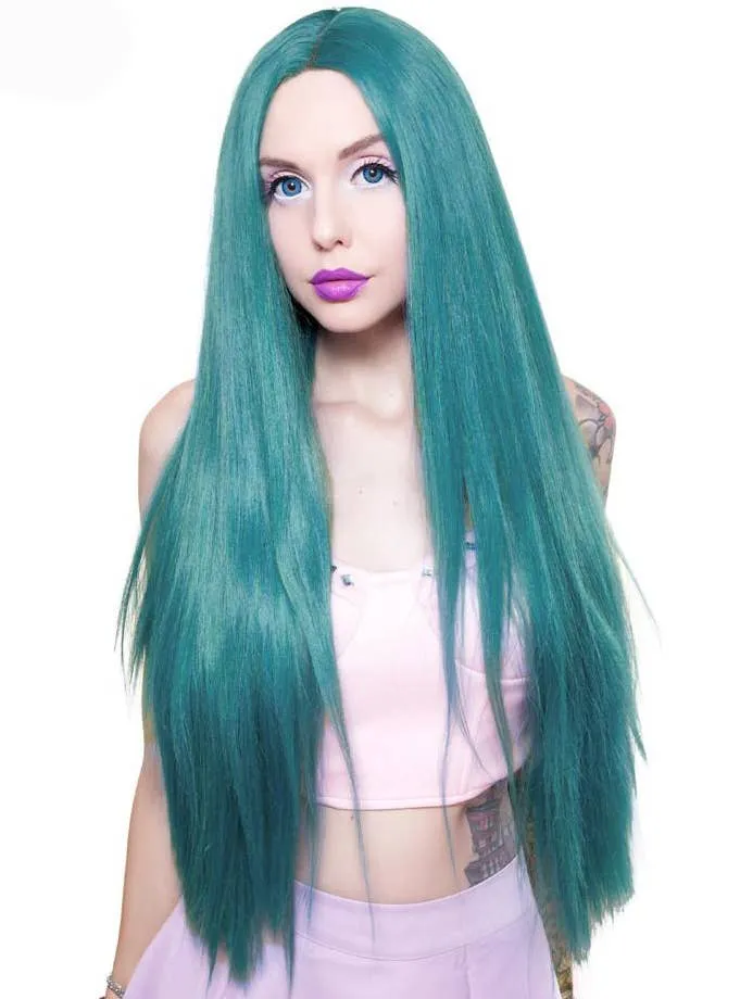 Premium Lace Front Yaki Straight 32" Womens Turquoise Mix Wig