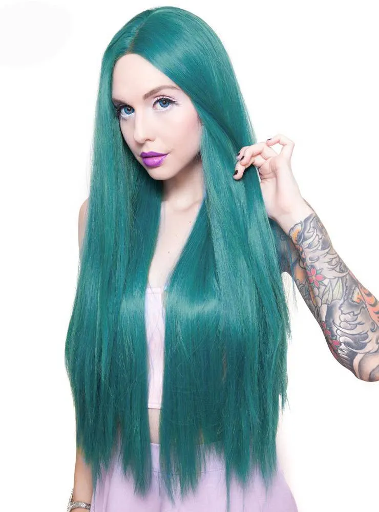 Premium Lace Front Yaki Straight 32" Womens Turquoise Mix Wig