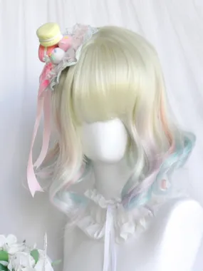 Rainbow Ombre Color  Shoulder Length Wavy With Full Bangs