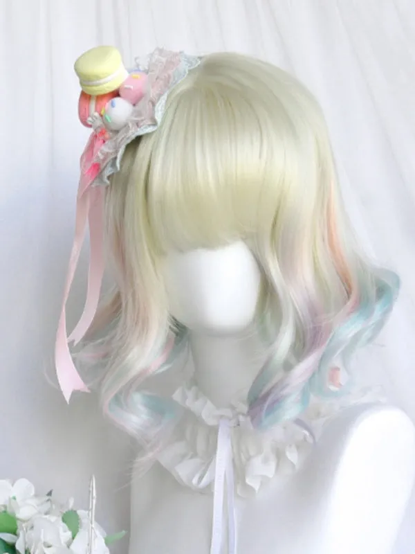 Rainbow Ombre Color  Shoulder Length Wavy With Full Bangs