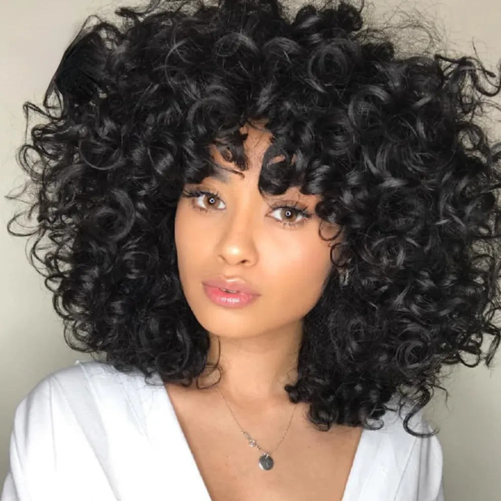Short Kinky Curly Wigs With Bangs Daily Use Synthetic African Black Wigs High Temperature Fiber