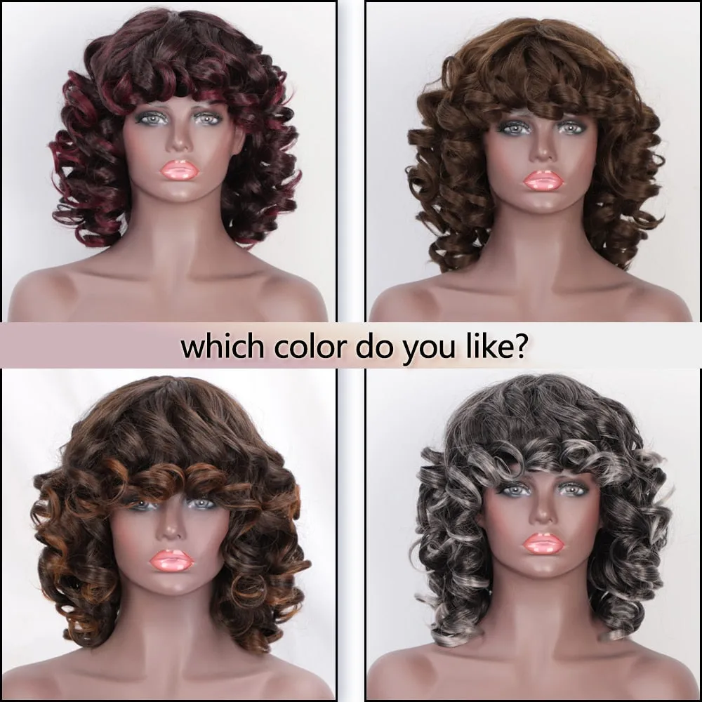 Short Kinky Curly Wigs With Bangs Daily Use Synthetic African Black Wigs High Temperature Fiber