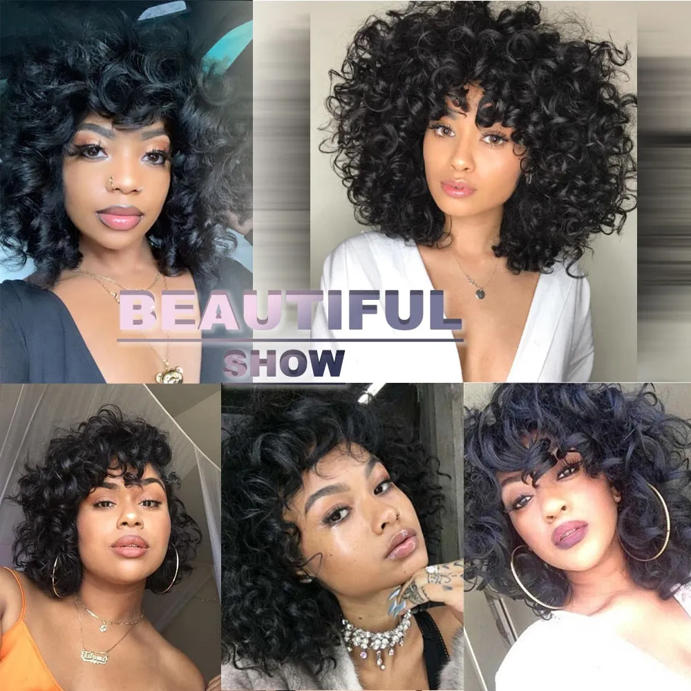 Short Kinky Curly Wigs With Bangs Daily Use Synthetic African Black Wigs High Temperature Fiber