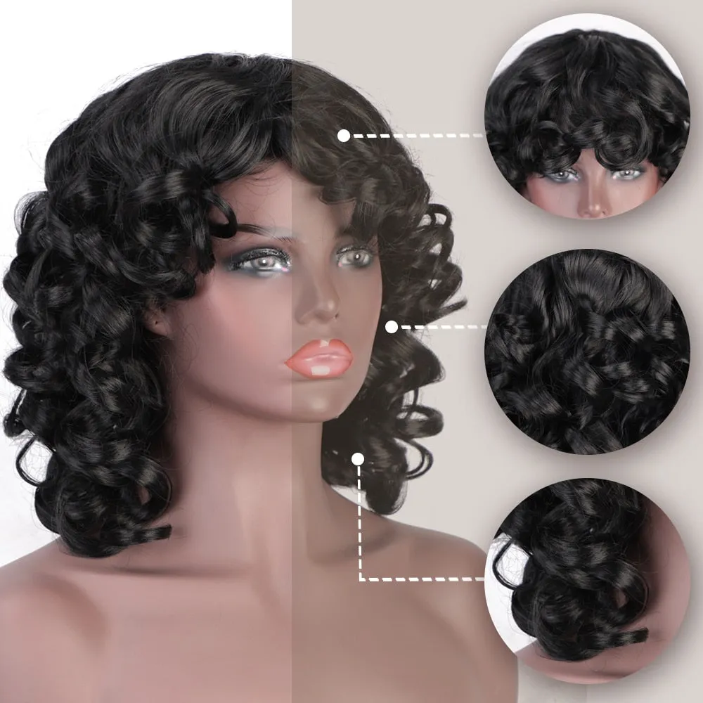 Short Kinky Curly Wigs With Bangs Daily Use Synthetic African Black Wigs High Temperature Fiber