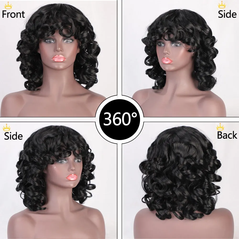 Short Kinky Curly Wigs With Bangs Daily Use Synthetic African Black Wigs High Temperature Fiber