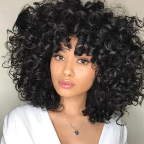 Short Kinky Curly Wigs With Bangs Daily Use Synthetic African Black Wigs High Temperature Fiber