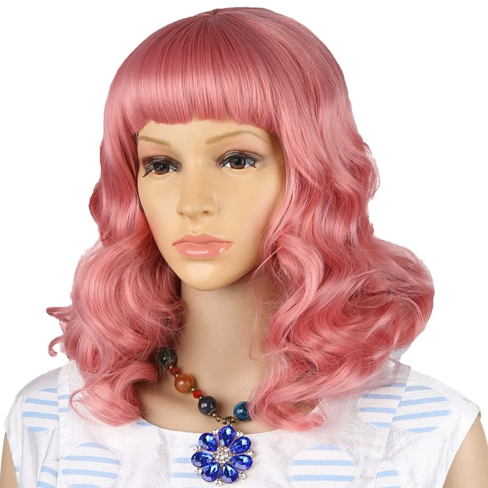 Short Wavy Synthetic Retro Style Wigs with Curly Bangs Black Rockabilly Vintage Wigs for Women Daily/Party/Cosplay