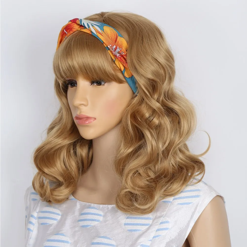 Short Wavy Synthetic Retro Style Wigs with Curly Bangs Black Rockabilly Vintage Wigs for Women Daily/Party/Cosplay