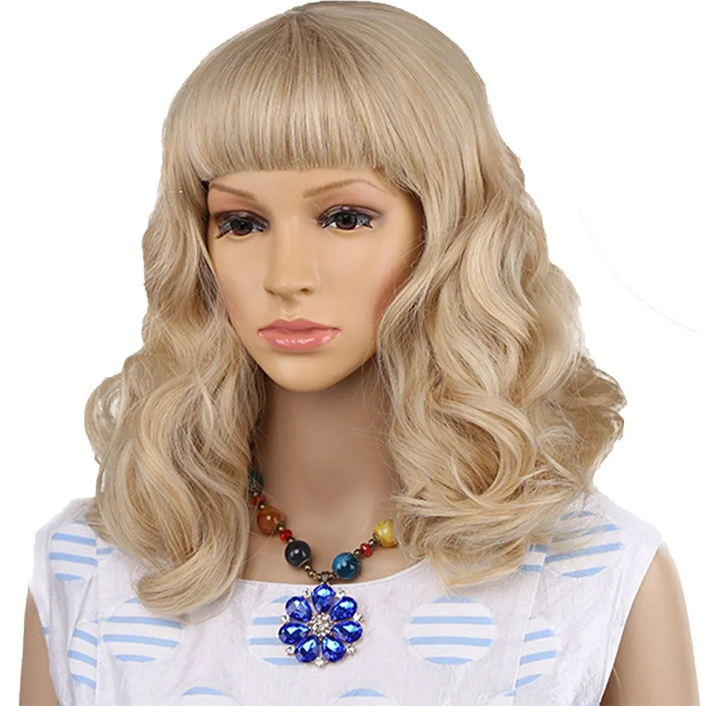 Short Wavy Synthetic Retro Style Wigs with Curly Bangs Black Rockabilly Vintage Wigs for Women Daily/Party/Cosplay