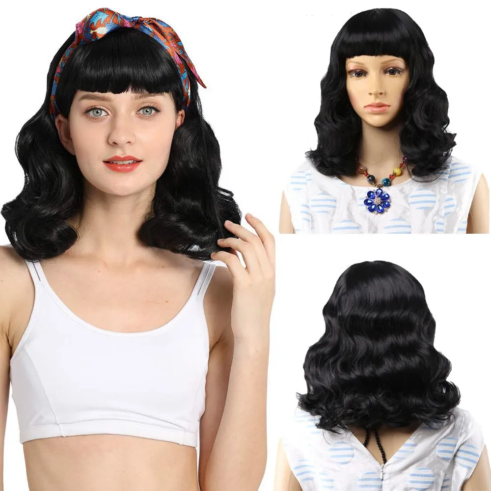 Short Wavy Synthetic Retro Style Wigs with Curly Bangs Black Rockabilly Vintage Wigs for Women Daily/Party/Cosplay