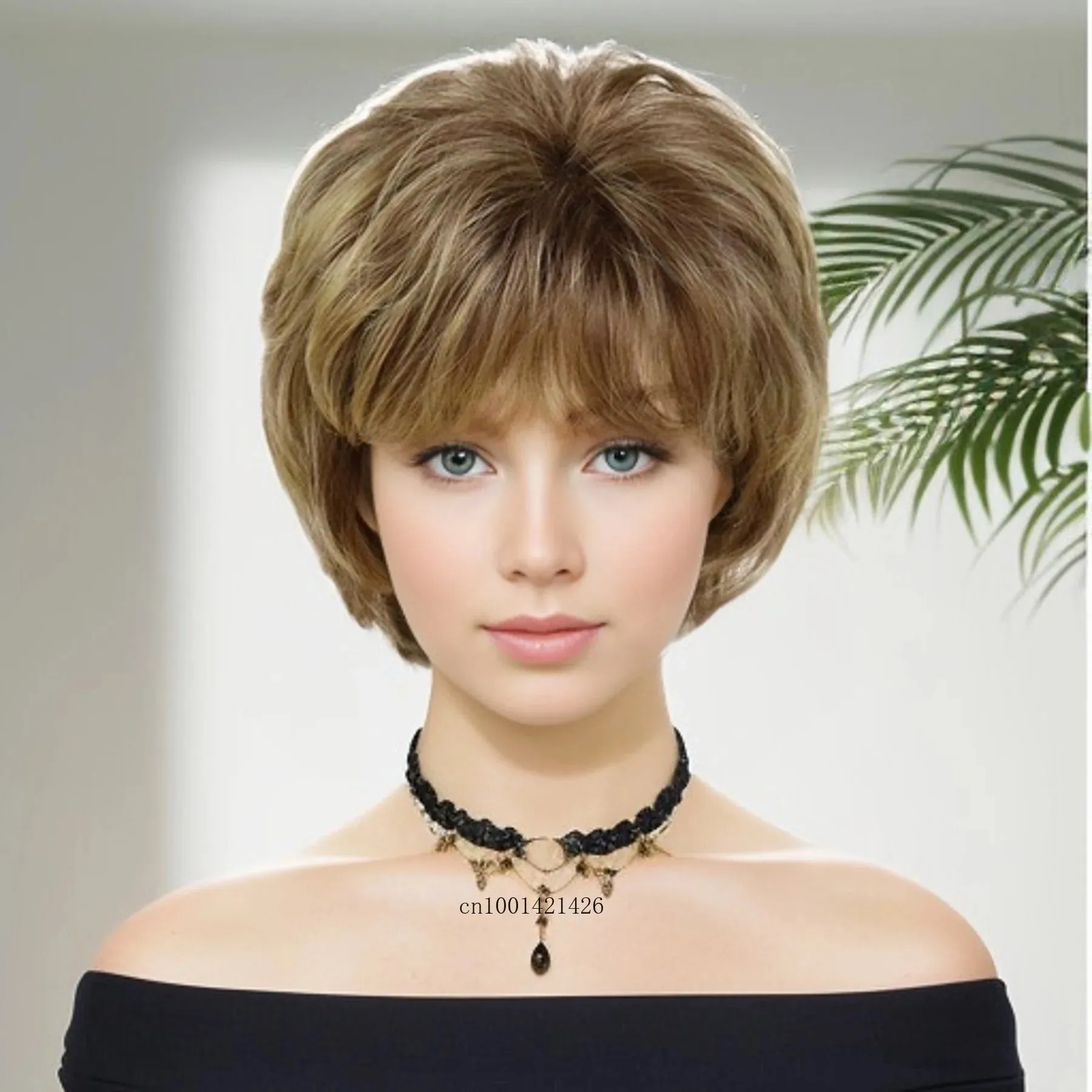 Short Wigs for Women Synthetic Hair Mix Brown Blonde Wig with Bangs Mommy Wigs Old Lady Costume Party Daily Use Cosplay Wigs